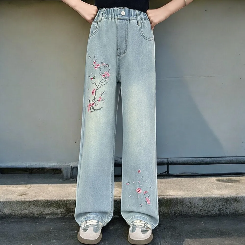 Джинсы с цветочным узором для девочек детские брюки широкие джинсовые