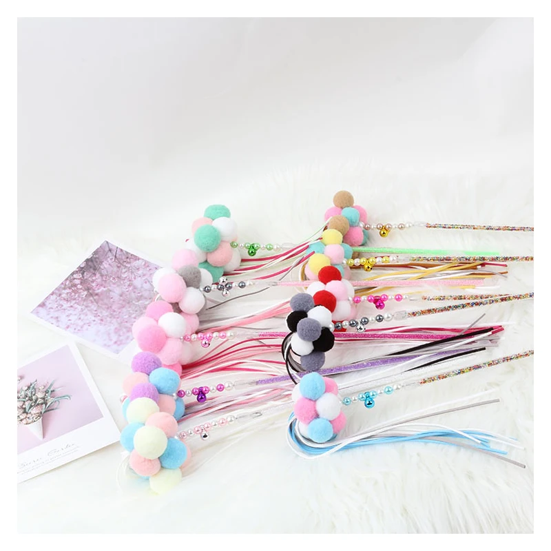 

New color wool ball bell cat toy handmade tassel fairy cat stick cat toy supplies multi color plush ball design Cat teaser stick