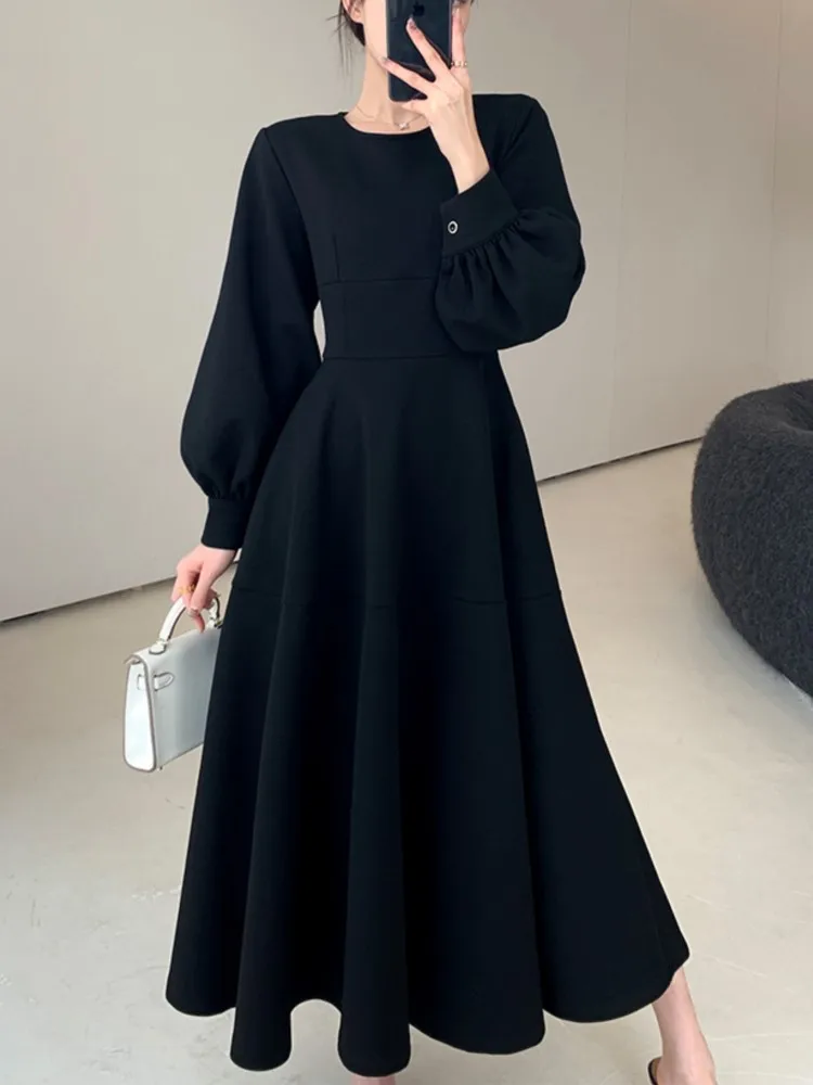 

Spring Autumn Women Chic Casual Midi Black Dress O Neck Long Sleeve Slim Fashion Robe Office Ladies Formal Birthday Vestidos New