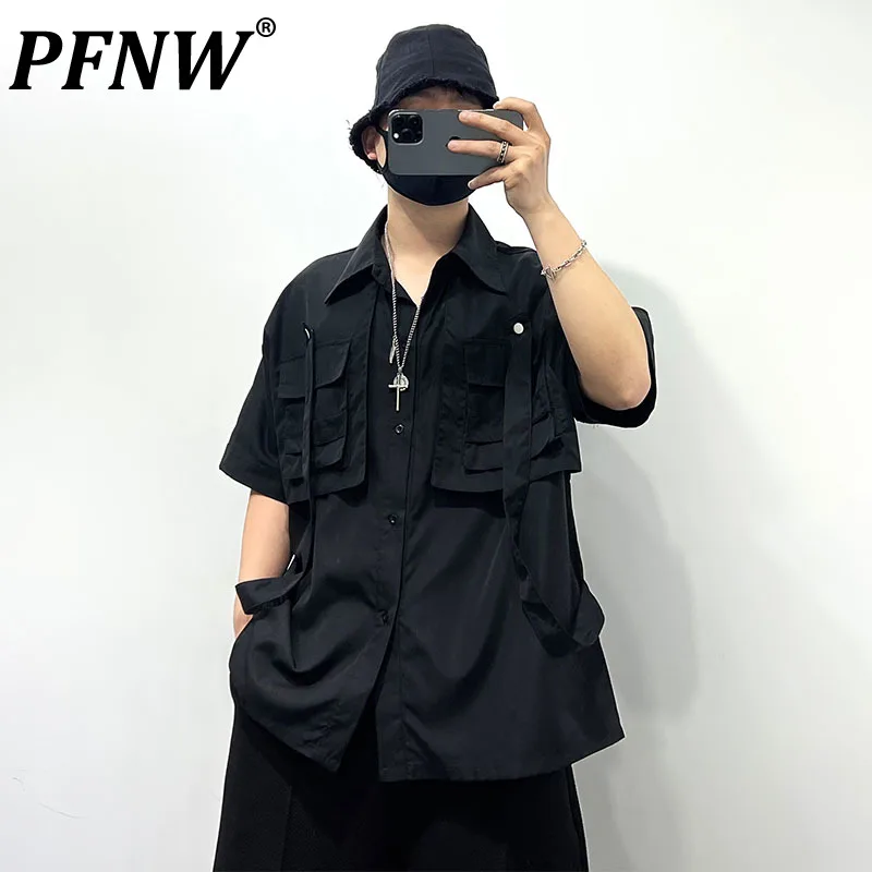 

PFNW Function Summer Male Original Darkwear Fake Two Pieces Shirts Pocket Splice Tide Loose Simple Techwear Casual Tops 12Z1070