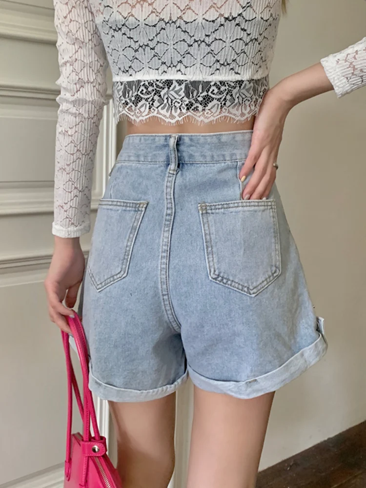Streetwear Women High Waist Wide Leg Blue Denim Shorts Spring Summer Female Loose Retro Jeans Shorts Bottoms