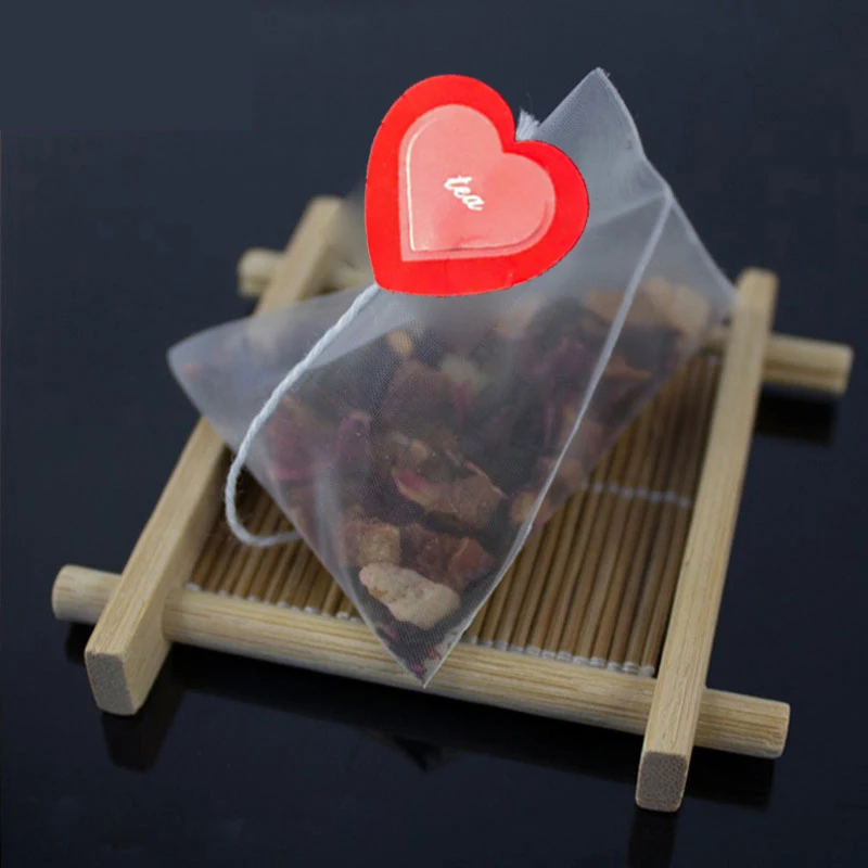 

100 шт./лот Пирамида нейлон пустые чайные пакетики фильтры струны с красной любовной биркой прозрачные чайные пакетики