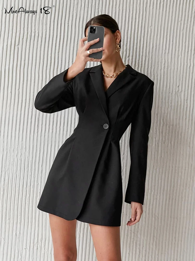 

Элегантное женское платье-блейзер Mnealways18, деловое черное платье с отложным воротником и длинными рукавами, офисное короткое зимнее женское платье с одной пряжкой