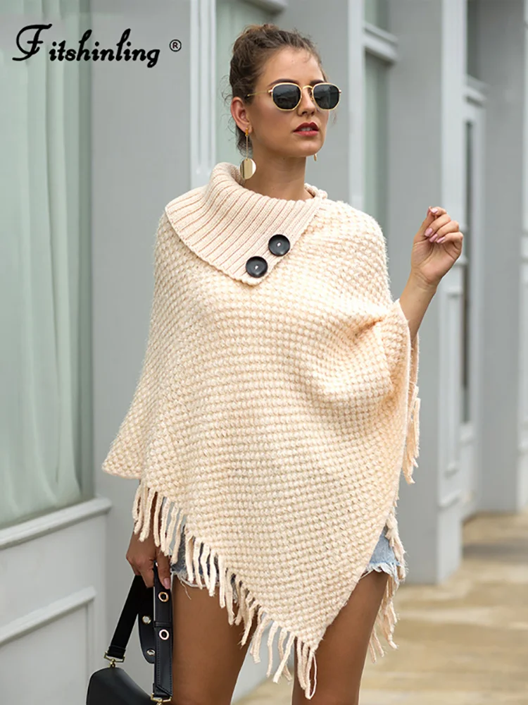 

Irregular Bohemian Poncho Women Oversized Sweater Knitwear Buttons Winter Jumper Holiday Batwing Sleeve Cloak Cape