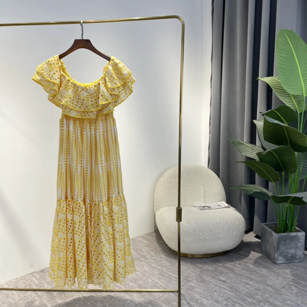 

Summer Off The Shoulder Dresses 2022 Top Quality Solid White Yellow Hollow Out Holiday Styel Ruffles Elegant Woman Outfits