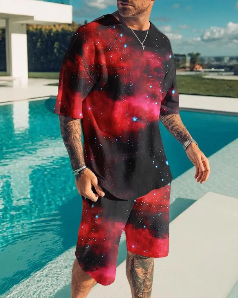 

2022 new summer popular men's street short-sleeved suit printing geometric stitching pattern short-sleeved + shorts suit
