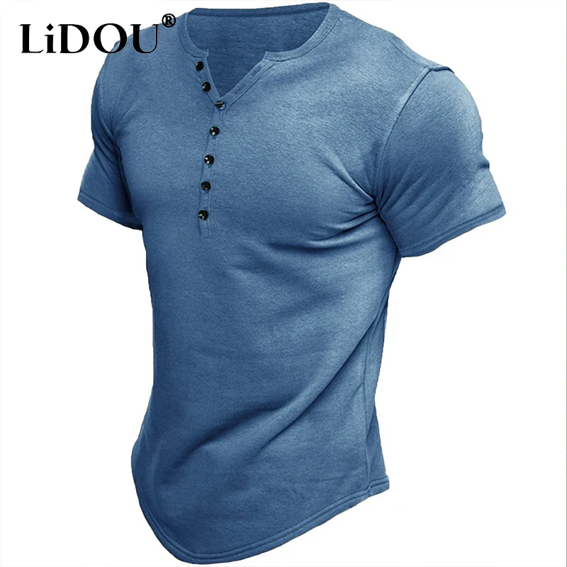 

New Solid Color Cotton Short Sleeve T-shirt For Men Button Loose Casual Top Men Harajuku Henley Shirt Free Shipping Male Clothes