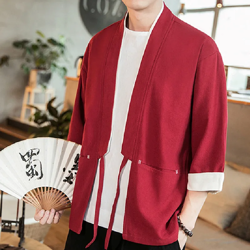

Men's Japanese Kimono Chinese Style Solid Color Flanging Contrast Color Cardigan T-shirt High Street Trend Loose Large Size Top