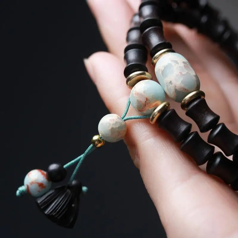 Natural Ebony Buddha Beads with Purple Light Bamboo Beads and Lotus Flower Bracelet for Men and Women Meditation Ornament