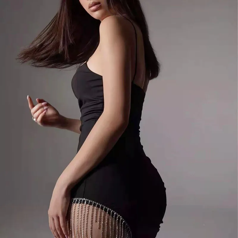 Sexy Spaghetti Strap Evening Dress Side Crystal Tassel Split Party Mini Dress For Women 2022 Backless Slim Solid Vestido