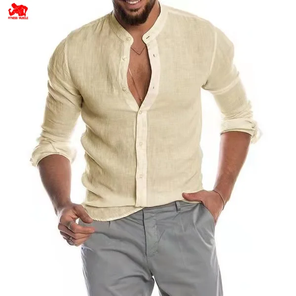 Spring and summer new men's casual shirts cotton linen shirts loose tops long-sleeved T-shirts men's casual handsome shirts