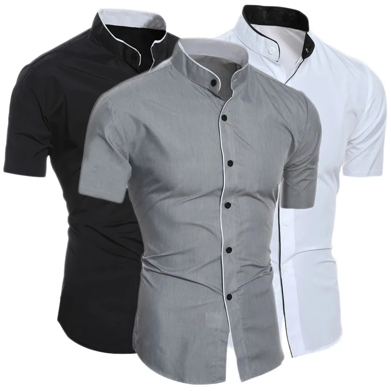 New Men's Summer Casual Stand Collar Solid Color Short Sleeve Single Breasted Shirt