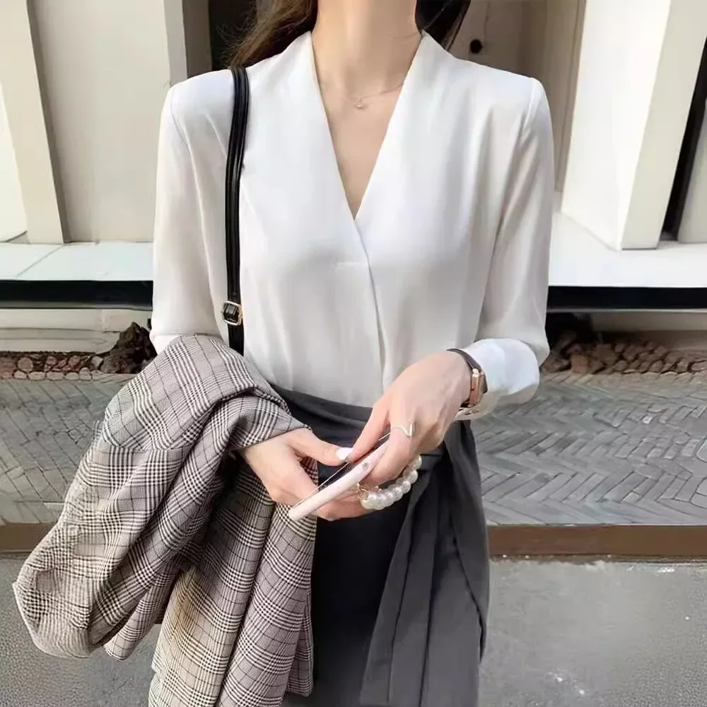 Элегантная шифоновая белая рубашка с v-образным вырезом женская рабочая одежда