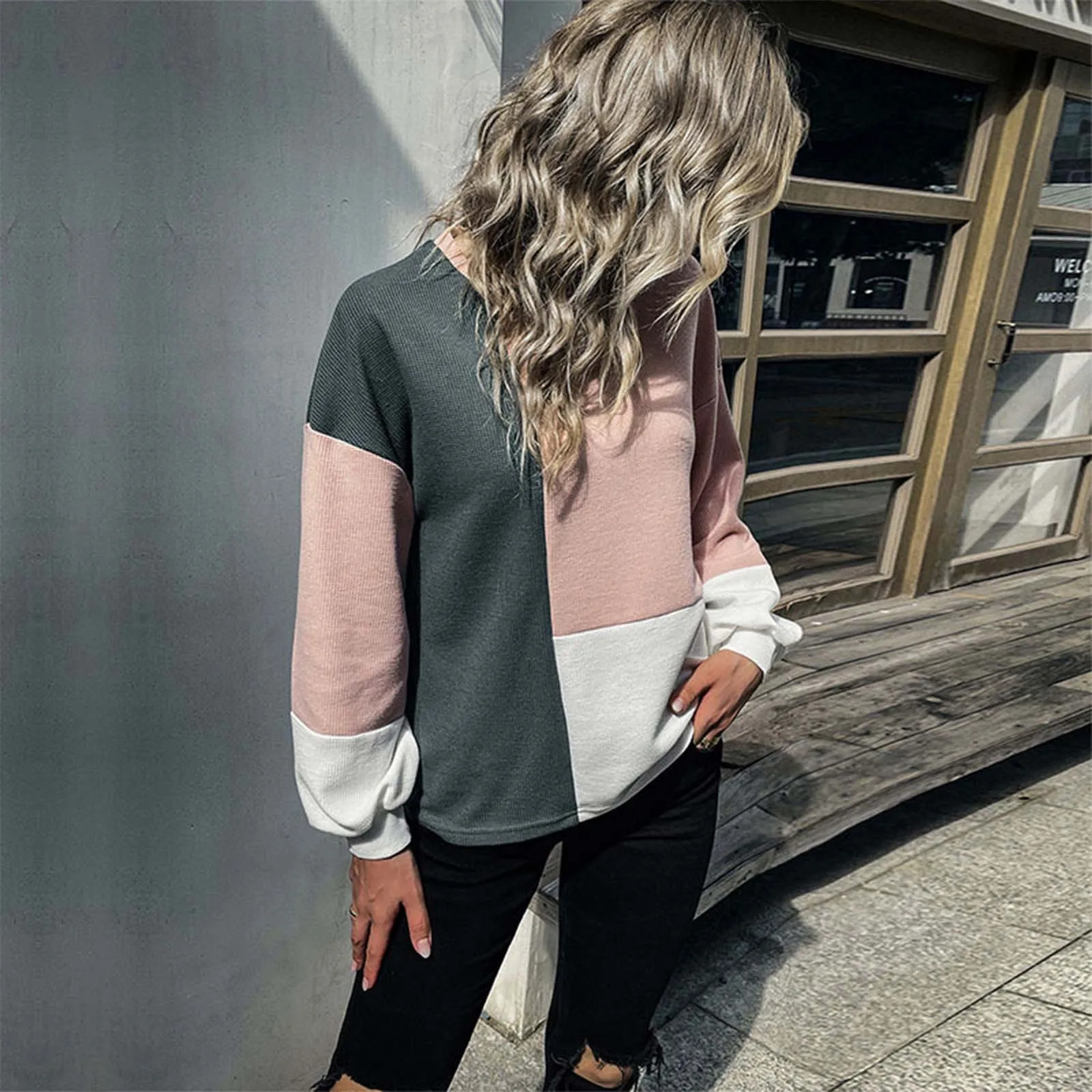 

Women Tshirt Long Sleeve Graphic Tees Color Block Patchwork Print Tunic Tops Harajuku Stripe Round Neck Vintage Clothes 4