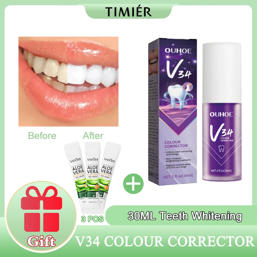 

v34 Teeth Whitening Mousse Dental Care Essence Remove Plaque Tooth Stain Gingival Repair Caries Prevention Oral Cleaning 30ml