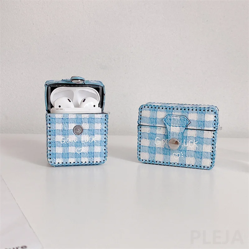 

Модный мягкий кожаный чехол для наушников Apple AirPods 1, 2, 3, чехол для наушников Air Pods Pro, милый чехол для наушников в белую, синюю клетку
