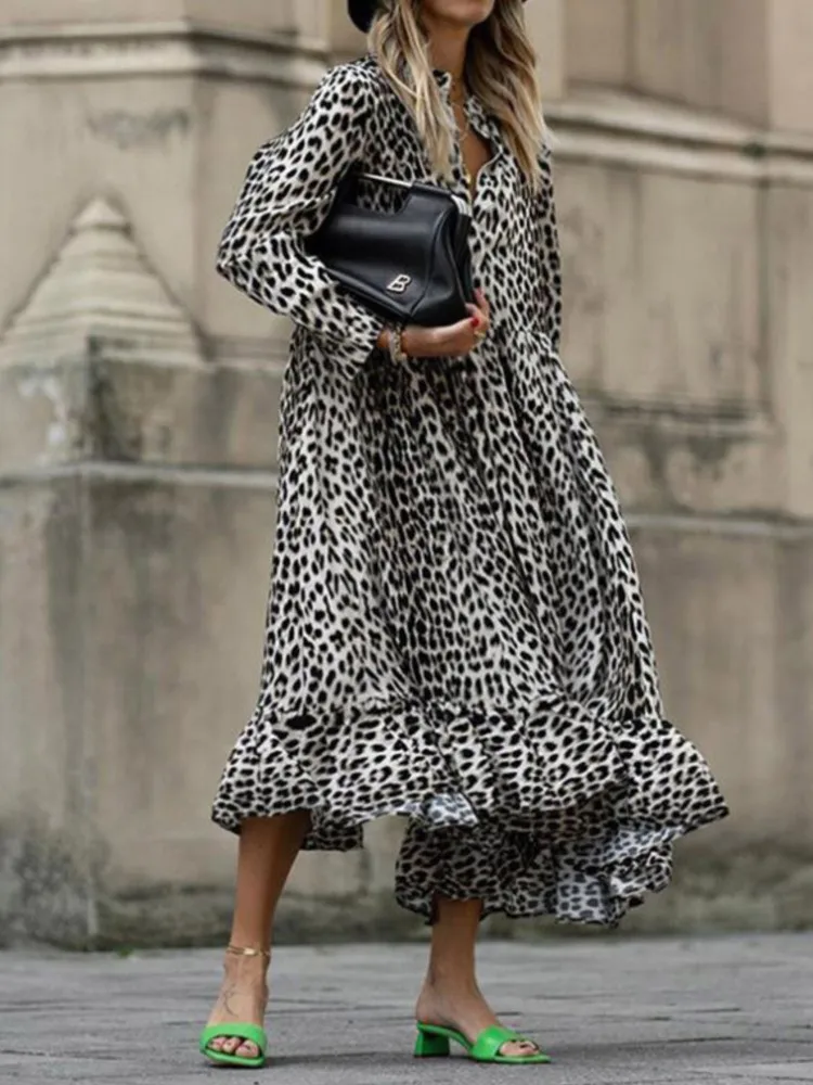 

Платье-Макси женское с леопардовым принтом, Модный повседневный свободный сарафан с длинным рукавом и V-образным вырезом в ретро стиле для отпуска, уличная одежда, весна 2023