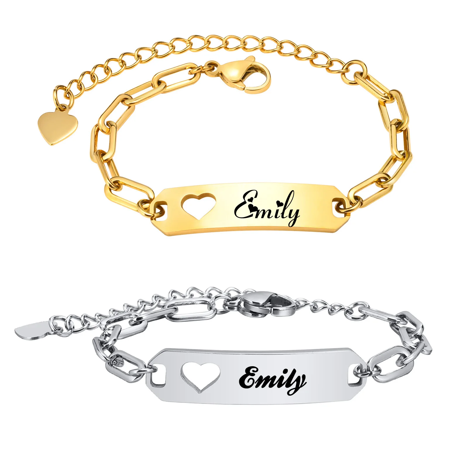 Engraved Custom Baby Name ID Bracelet With Heart, Stainless Steel Personalized Jewelry for New Born Children Birthday Gift