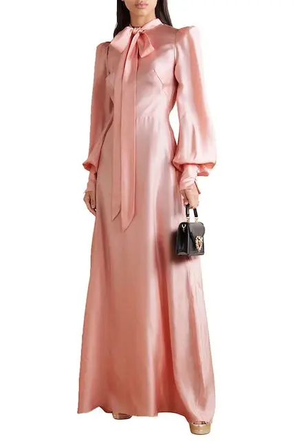 

Verngo High Neck Blush Pink Puff Long Sleeves Silk Evening Dresses Modest Simple Women Prom Gowns Formal Party Event Outfit