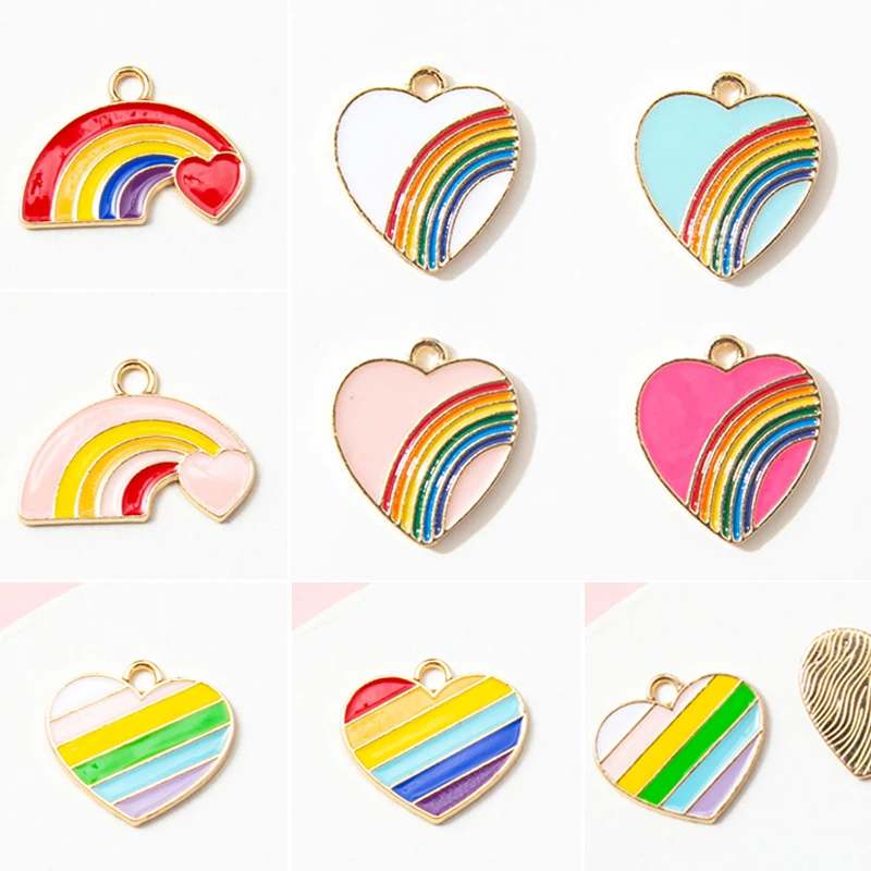 

10pcs/Lot Rainbow Love Heart Shape Drip Oil Charms KC Gold Color Tone Jewelry Bracelet Earring Keychain Making Pendants
