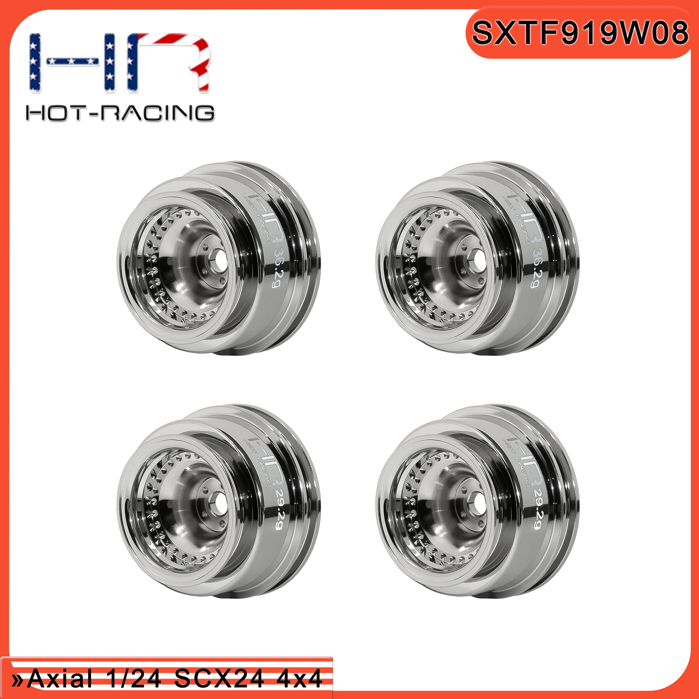 Фото Колеса Hot Racing SXTY919W01 из хромированной латуни, полный комплект (передние 36,2 г/задние 29,2 г) для 1/24 Axial SCX24 с шинами AXI-3947 Bogger Tires №2