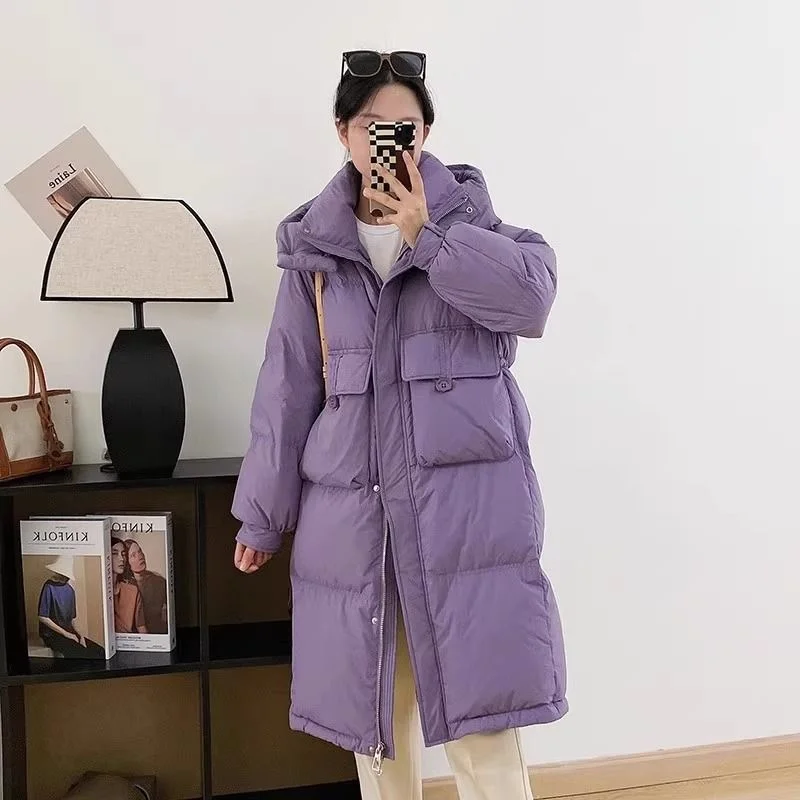 

Корейский пояс, приталенная хлопковая куртка с капюшоном для женщин, новинка зимы 2023, плотная и теплая куртка средней длины выше колена, трендовая
