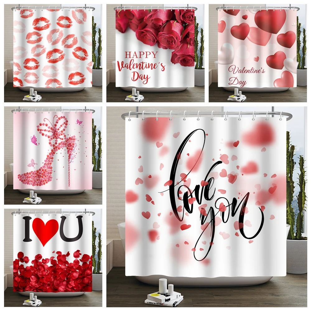 

Happy Valentines Day Shower Curtain Red Rose Love Heart Balloon Pattern Home Decor Waterproof Fabric Bathroom Curtain with Hooks