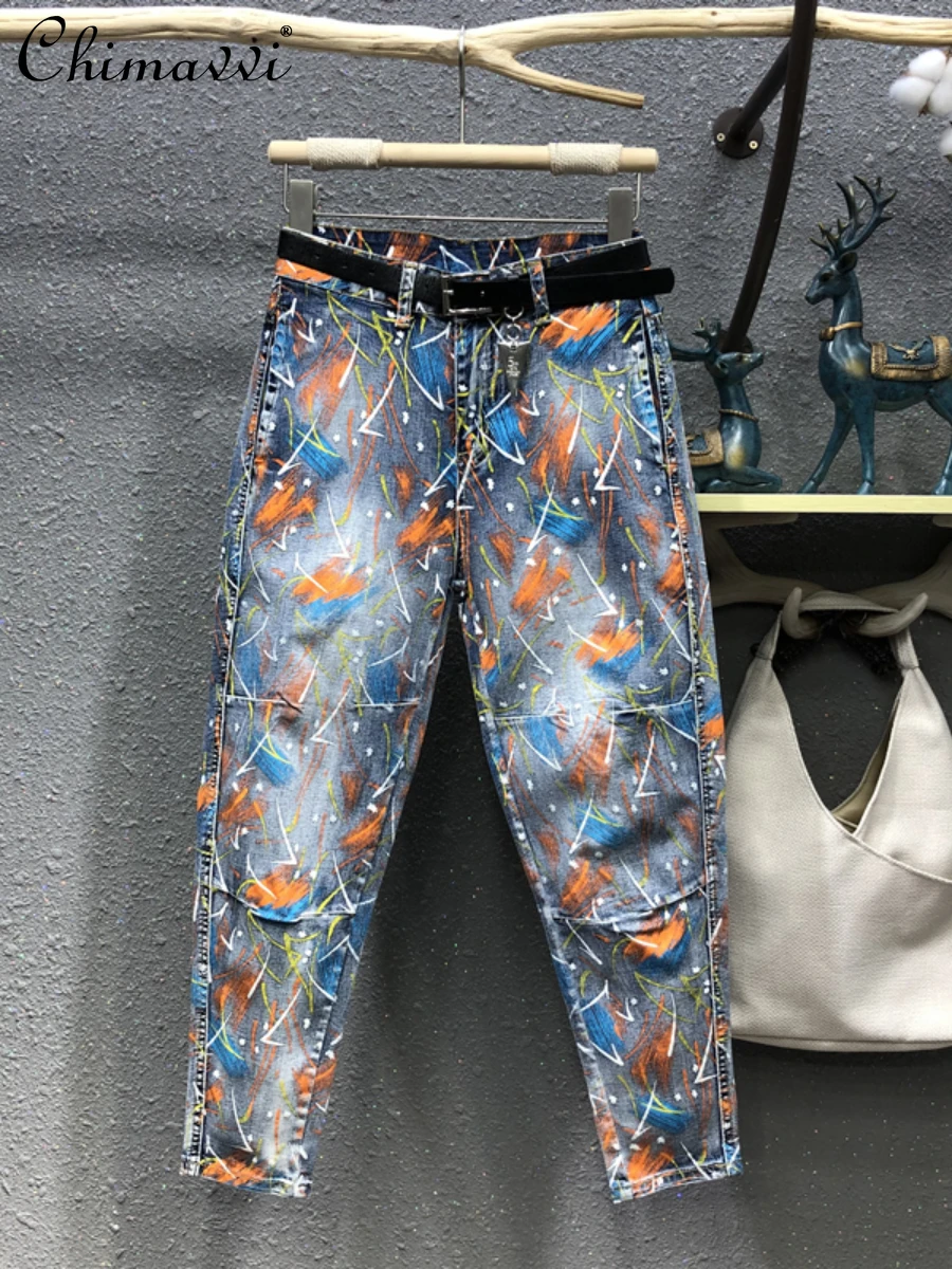 

Color Printing and Dyeing Cropped Jeans for Women 2022 Early Autumn New High Waist Loose Slim Light Blue Feminine Harem Pants