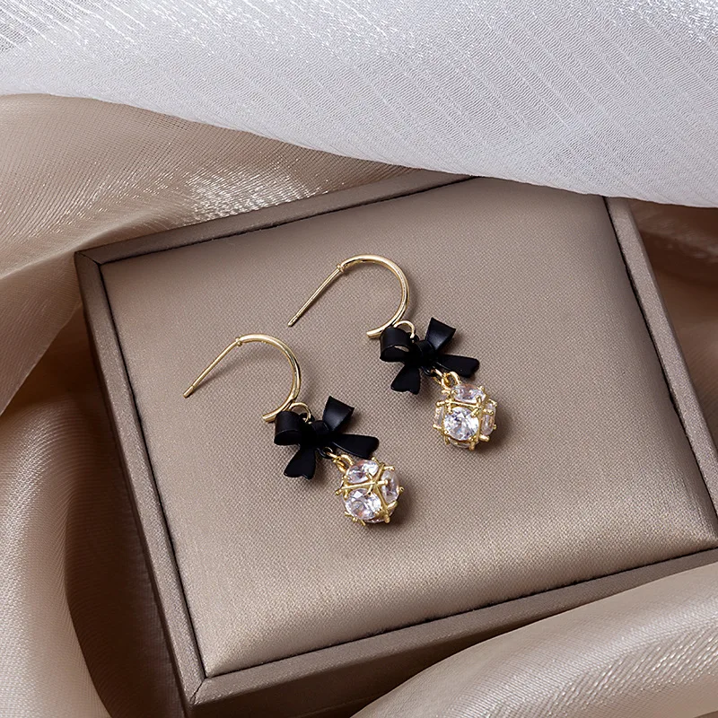 

925 Silver Long Tassel Black Bow Earrings Micro-inlaid Zircon Female Earrings Chinese Fashion Earrings Trendy 2020 Jewelry