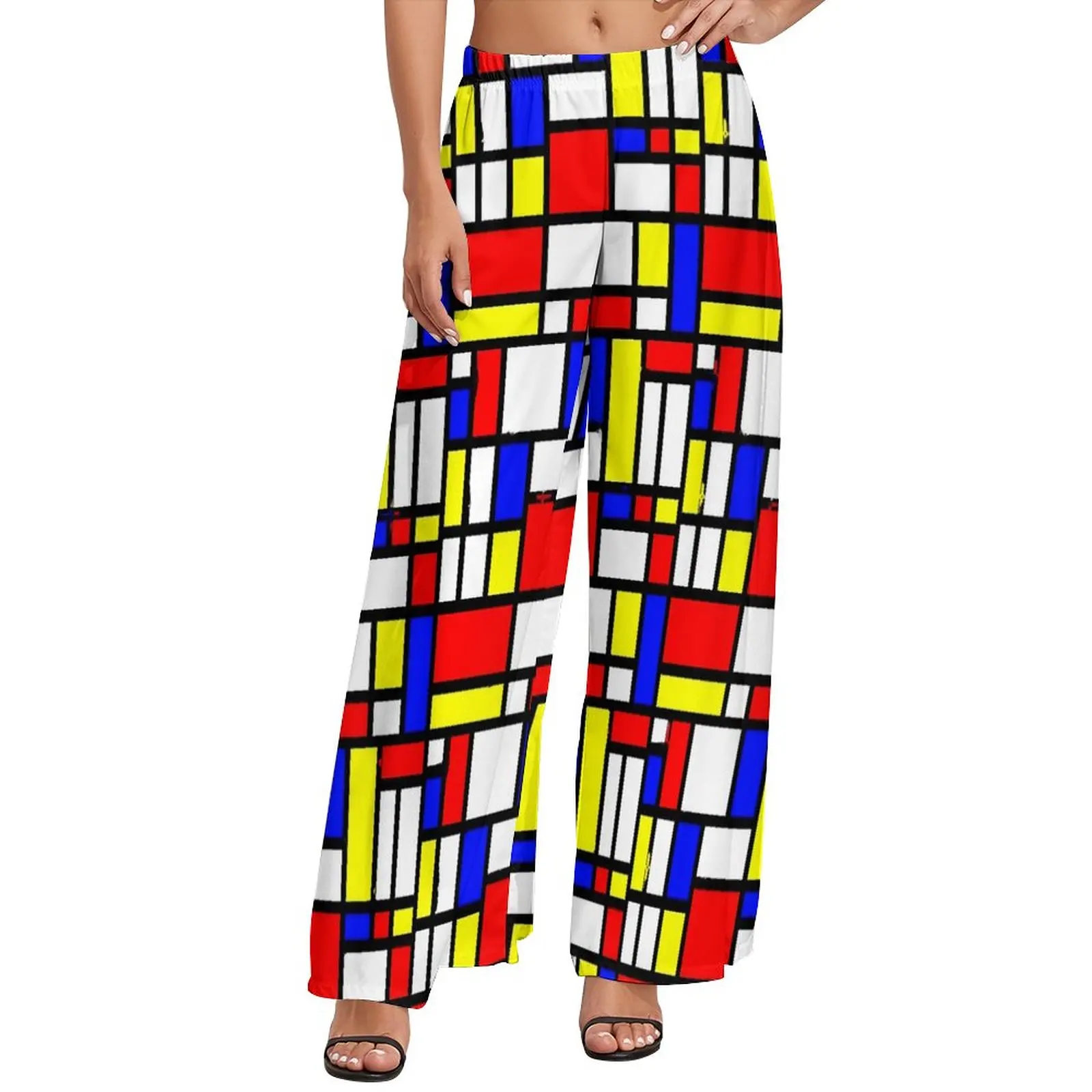

Брюки с геометрическим принтом в стиле пэчворк, прямые широкие брюки с цветными блоками в стиле Харадзюку, модные с эластичным завышенным поясом, большие размеры 4XL 5XL