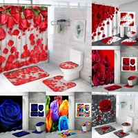 4pcs valentine shower curtain set non slip rug toilet lid cover bath mat red rose romantic spring floral bath curtains bathroom