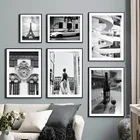 Настенная картина, винтажные часы, автомобиль, черно-белая Картина на холсте, скандинавские плакаты и принты, настенные картины, декор для гостиной