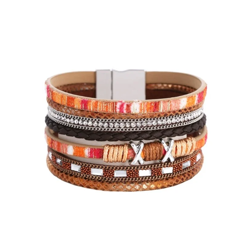 

Vintage Bohemian Leather Bangle Women Ethnic Multicolor Woven Multilayer Rhinestone Bracelet Ladies Hand Chain Jewelry Wholesale