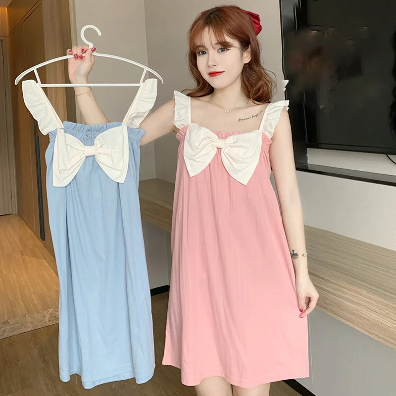M-XXL Sleeveless Summer Sling Dresses Superior Polyester Thin Women's Home Clothes Sweets Bow Sleepwear Knee Length With Bra