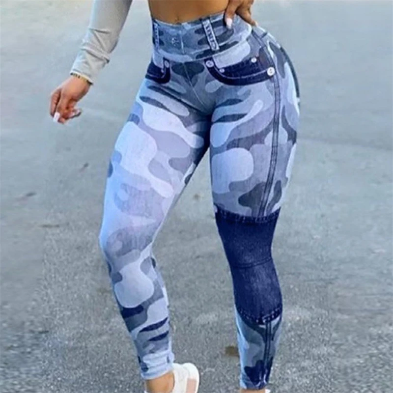 

Skinny Pants Women Fashion Camouflage Print High Waist Pants Ladies Casual Button Jeggings Fitness Patchwork Leggings Trousers