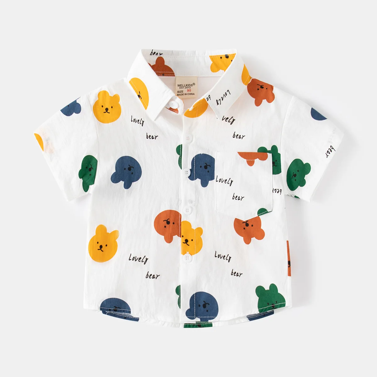 

Summer Casual Cotton Short Sleeve Boy Baby Shirts White Cute Cartoon Bear Pattern Print Lapel Single Breasted Toddler Kids Tops