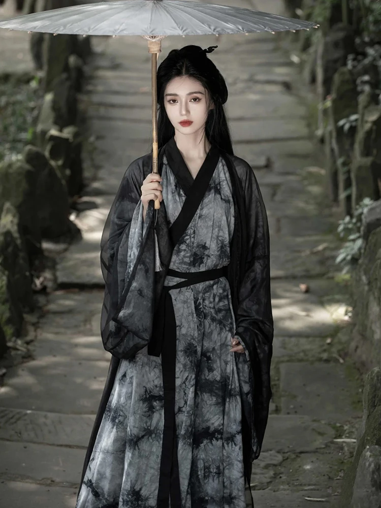 

Китайские черные платья ханьфу XinHuaEase, женское боевое искусство для взрослых, неувядающий Вэй Цзинь, прозрачный холодный набор в старинном стиле