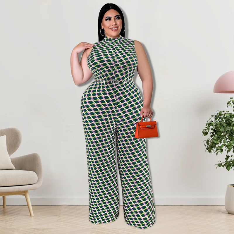 Plus Size One Piece Women Clothing Plaid Sleeveless Belt Casual Outfit Lady Wide Leg Pants 2023 Spring Female Fashion Jumpsuit