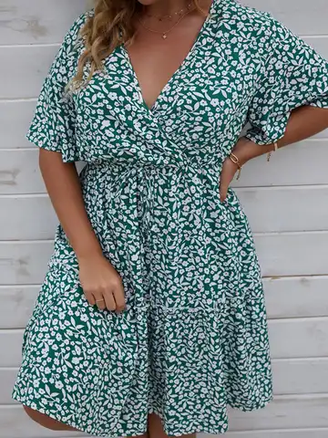 Plus Size Dress Woman 2022 Fashion Summer V Neck Short Sleeve Floral Print Casual Dress High Waist Short Mini Beach Dresses