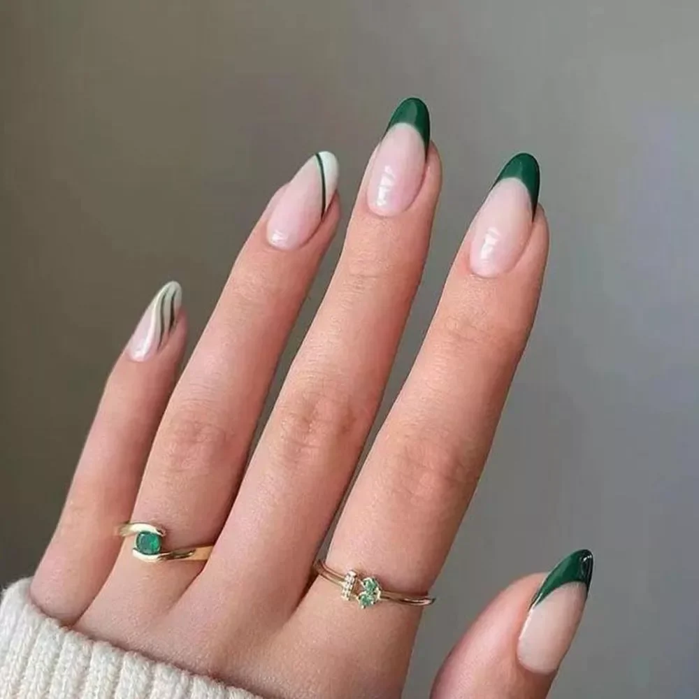 Oval Head False Nails green Almond Artificial Fake Nails With Glue Full Cover Nail Tips Press On Nails DIY Manicure Tools