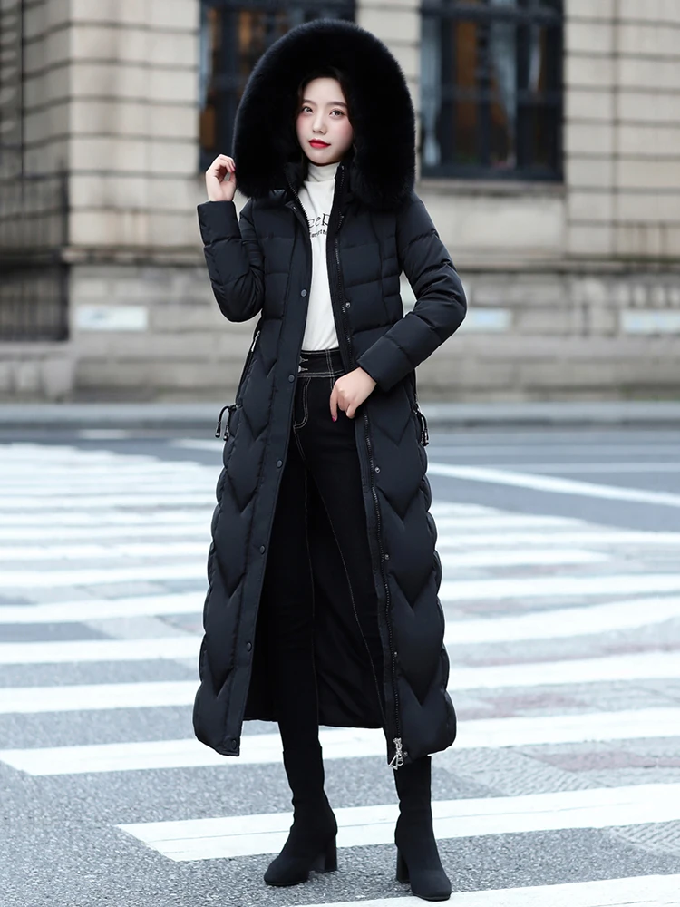 New Women Winter Down Coat Fashion Hooded Real Fox Fur Collar Lengthened Down Jacket Thicken Warm Slim White Duck Down Overcoat