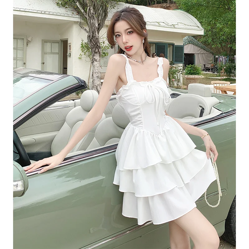 

Летнее женское мини-платье, милое Кружевное белое тонкое праздничное платье принцессы с деревянными ушками, платье на бретельках с дизайно...