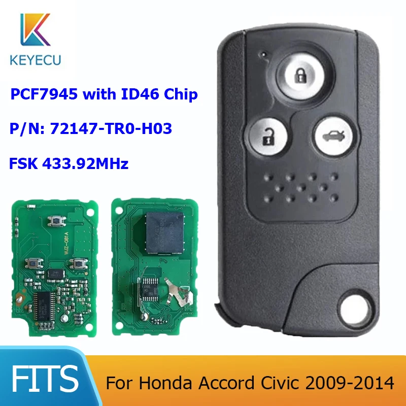 

KEYECU FSK 433 МГц ID46 для Honda CR-V, Civic 2009-2014, запасная деталь 2 / 3 кнопки P/N: 72147-TR0-H03