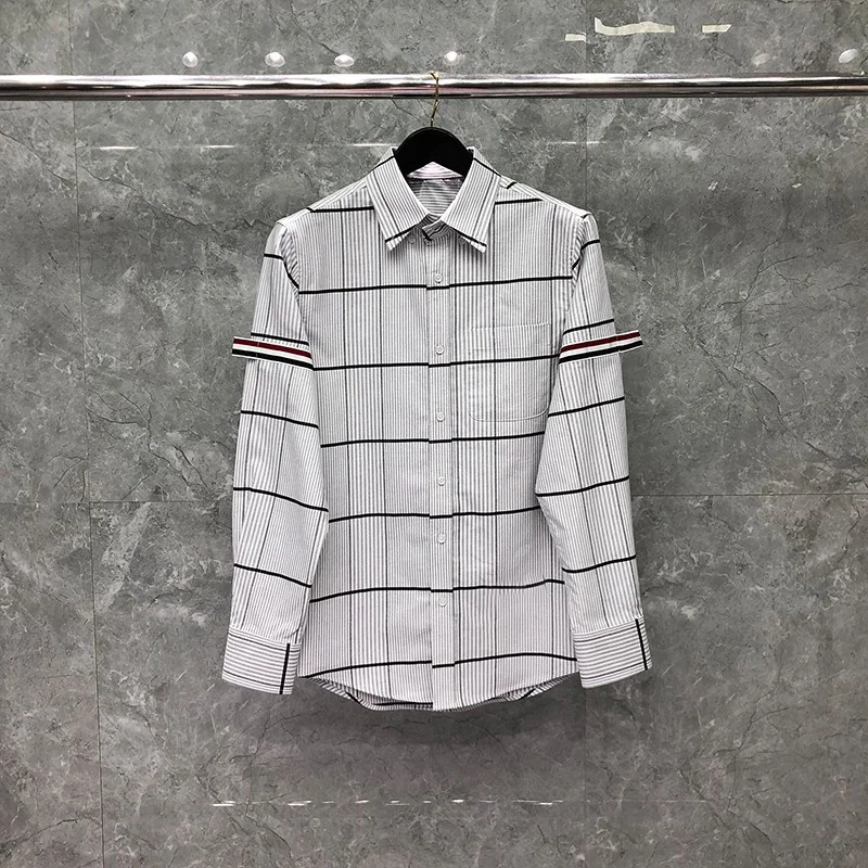 THOM Spring Autumn Fashion Brand Men's Gray Plaid Ribbon Armband Stripe Cotton Oxford Casual Wholesale TB Shirt