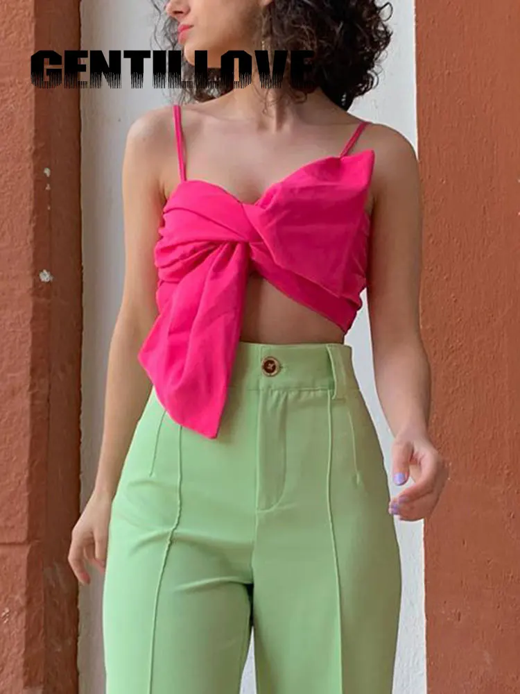 

Summer Y2k Kawaii Pink Bow Women Cropped Tank Top Sexy Straps Slim Solid Color Backless Girls Camis Holiday Beach 2000s Outfits