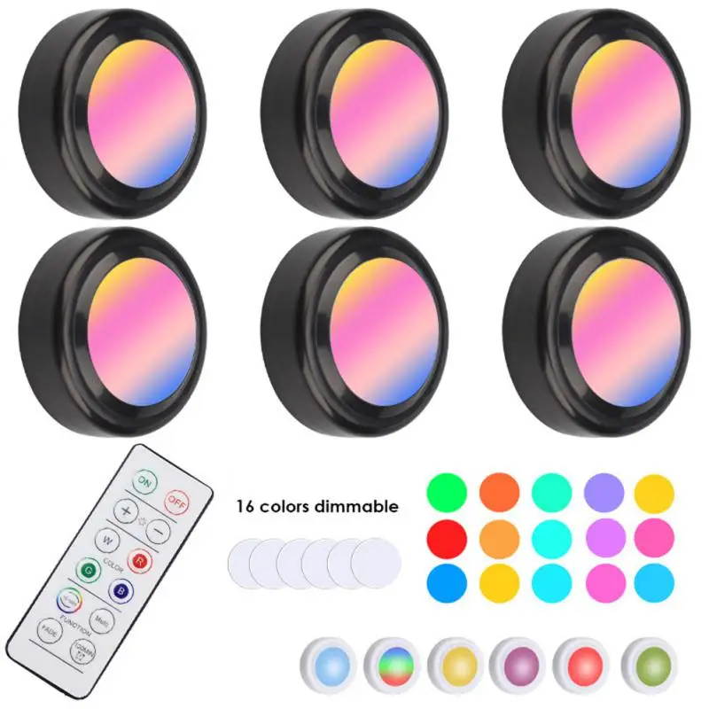 

6pcs Remote Control LED Puck Lights Dimmable RGBW 16 Colors Kitchen Hallway Closet Cabinet Lights Touch Sensor Decor Night Lamp