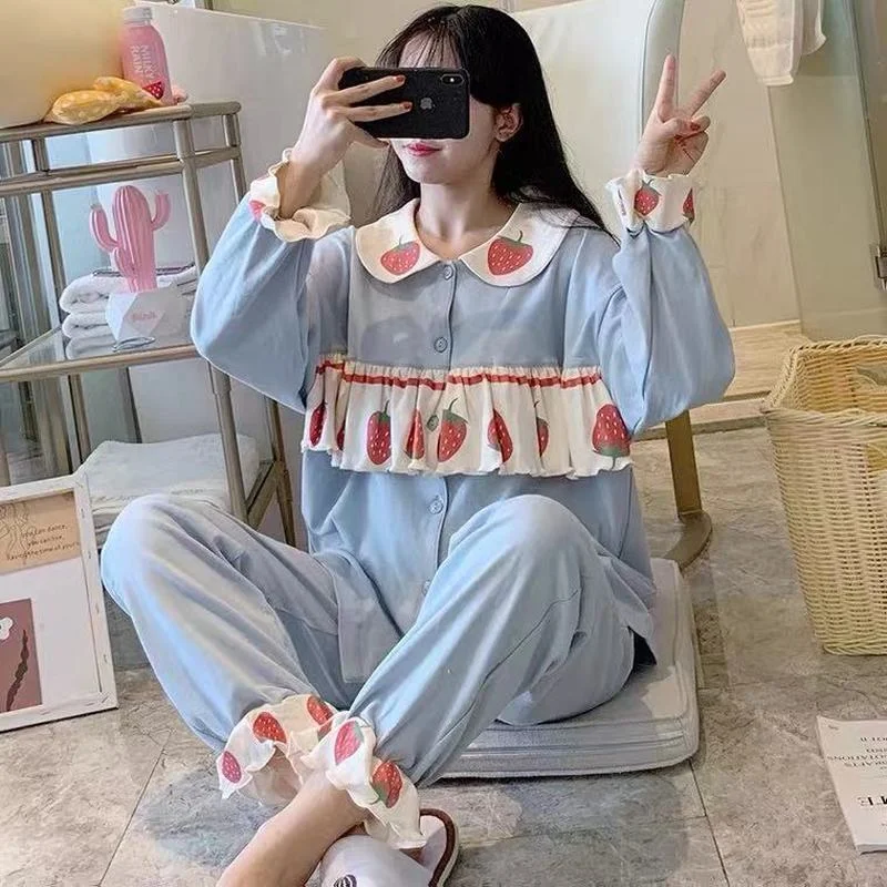 Pajama Set Women Kawaii Sleepwear Doll Collar Ruffles Strawberry Print Pijamas Japanese Teen Girls Home Clothes Cute Pyjamas