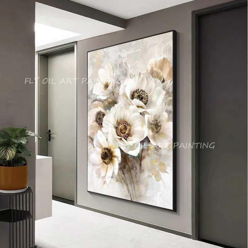 Картина маслом на стену абстрактная картина с изображением белых цветов ручная