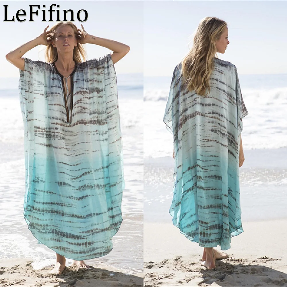 

Summer Chiffon Printing Deep V-neck Drawstring Sexy Long Skirt Leisure Beach Vacation Robe Sunscreen Dress Bikini Cover Up Women