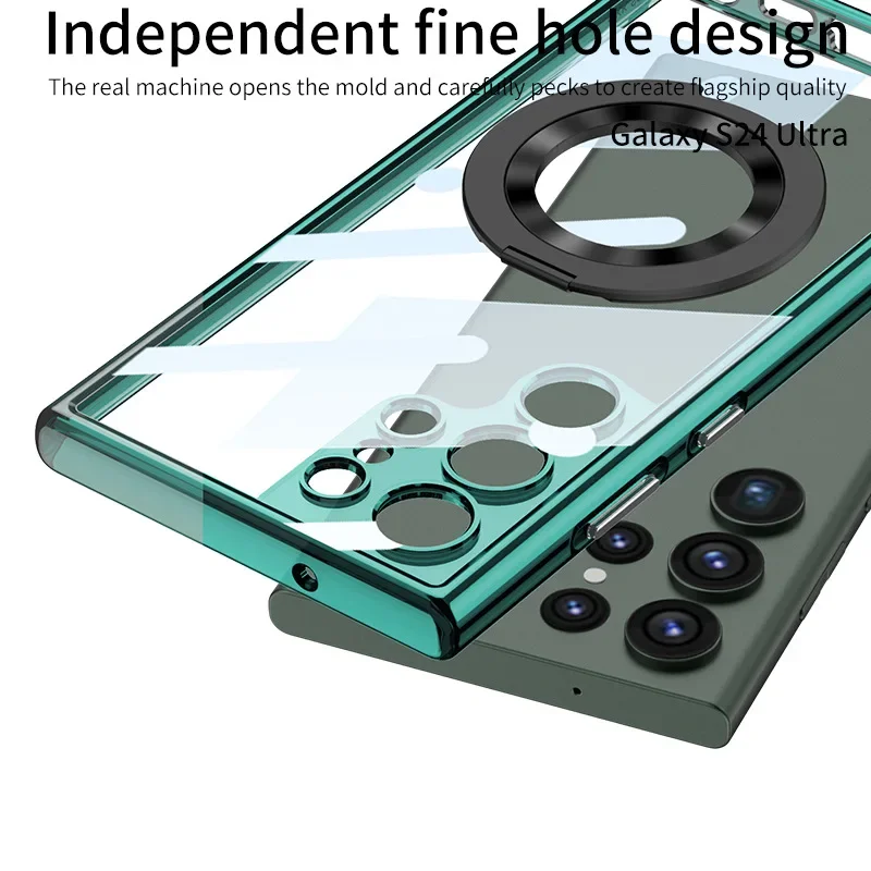 For Samsung S24 Ultra Phone Case Transparent Ring Stand Wireless Charging Compatible Motorcycle Electronic Accessories